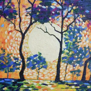 Landscape of Sun Setting through Silhouetted Trees Original Acrylic Painting