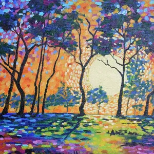 Landscape of Sun Setting through Silhouetted Trees Original Acrylic Painting