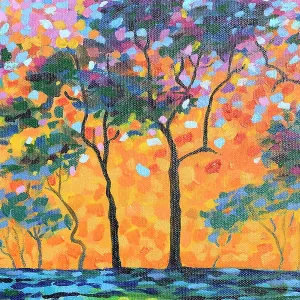 Landscape of Sun Setting through Silhouetted Trees Original Acrylic Painting
