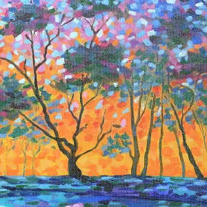 Landscape of Sun Setting through Silhouetted Trees Original Acrylic Painting
