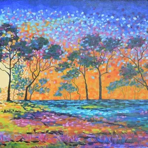 Landscape of Sun Setting through Silhouetted Trees Original Acrylic Painting