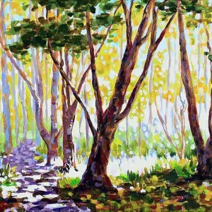 Late Afternoon Sunlight through Trees with Dappled Sunlight on Pathway Acrylic Painting