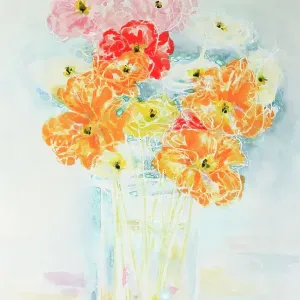 Still Life Colorful Poppies in Vase Watercolor Painting