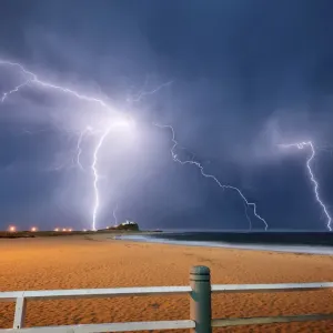 Print of Lightning Strike over Newcastle Beach Print of Lightning Strike over Newcastle Beach