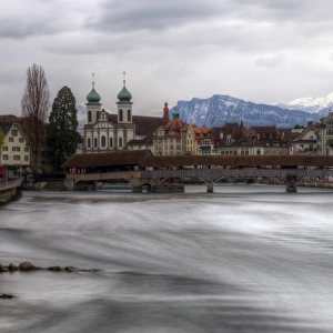 Lucerne old town Jesuit Church and wooden bridge
