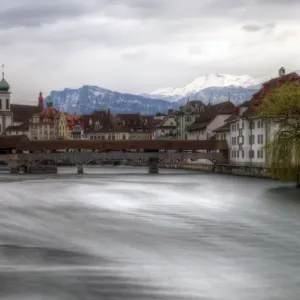 Lucerne old town Jesuit Church and wooden bridge
