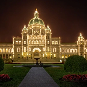 The Main Block of the British Columbia Parliament Buildings Light Up at Night, Victoria, Canada