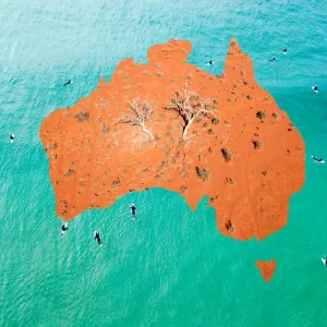 Australia Map Print with Desert and Surf Australia Map Print with Desert and Surf