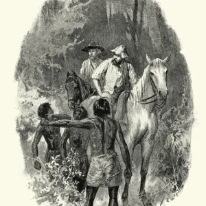 Australian Bush Scene Print: Two Men Seeking Directions from Aboriginals Australian Bush Scene Print: Two Men Seeking Directions from Aboriginals