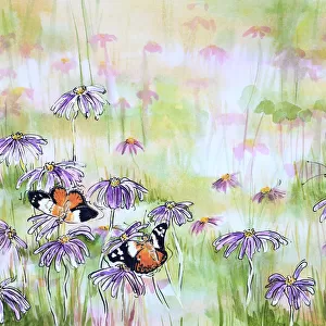 Monarch Butterflies Resting on an Aster Asteraceae Daisy Flowers Mixed Media Painting