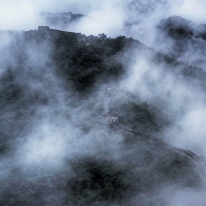 Mutianyu Great Wall of China in dense fog