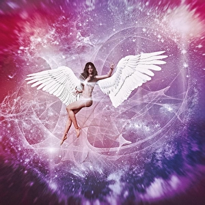 Naked woman with angel wings flying in purple sky
