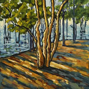 Oil Painting of an Acacia Tree in Wetlands with Early Morning Light