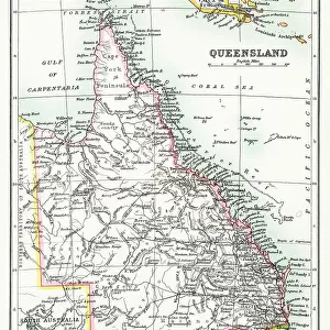 Old chromolithograph map of Queensland, a state situated in northeastern Australia, and is the second-largest and third-most populous of the Australian states