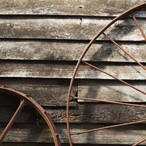 Old Wagon Wheels Against A Wooden Wall