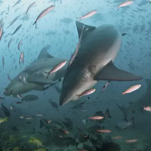 Bull Sharks with Fish School Print