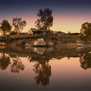 Panoramic view of the Murray river in Echuca at dawn, Victoria, Australia