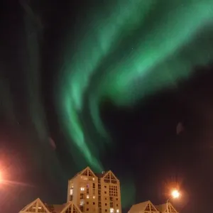 Reykjavik modern architecture apartment blocks and aurora borealis northern lights Reykjavik modern architecture apartment blocks and aurora borealis northern lights