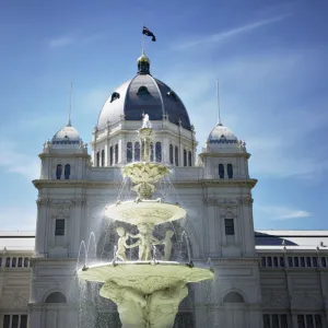 Royal Exhibition Building and historic fountain in Melbourne