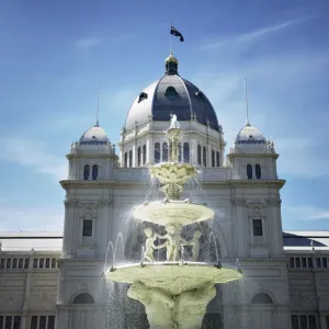 Royal Exhibition Building and historic fountain in Melbourne
