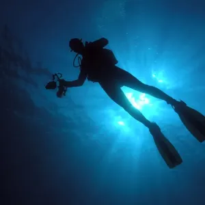 Scuba diver profile in sun Scuba diver profile in sun