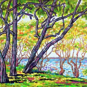 Seaside View through Large and Small Trees with Dappled Sunlight Acrylic Painting