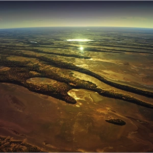 The setting sun in outback South Australia from the air