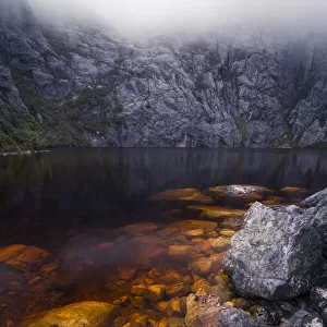 The shore of Square Lake on a misty afternoon in the Western Arthur Range