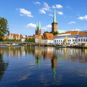 Skyline of Lubeck Along River Trave, Schleswig-Holstein, Germany