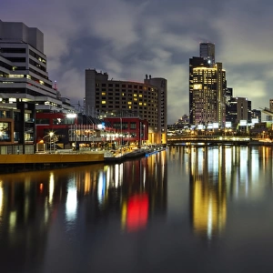 Skyline of Melbourne regenerated docklands at night