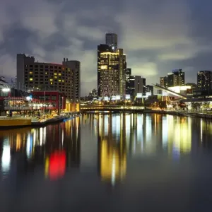Skyline of Melbourne regenerated docklands at night