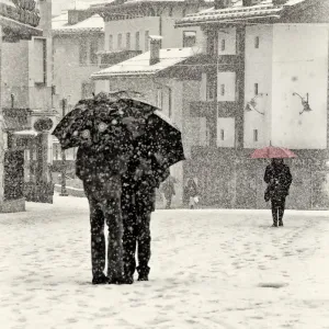 Snowfall Scene Print with Lady and Red Umbrella