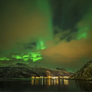 A snowy scene at Grotfjord in the winter at night with the Aurora Borealis, arctic circle of Norway A snowy scene at Grotfjord in the winter at night with the Aurora Borealis, arctic circle of Norway