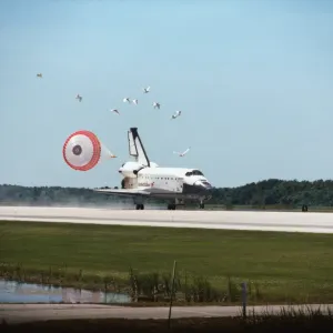 The space shuttle landing with its drogue parachute deployed The space shuttle landing with its drogue parachute deployed