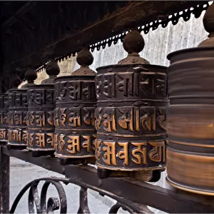 A spinning prayer wheel, Kagbeni, Mustang, Annapurna region, Himalayas, Nepal