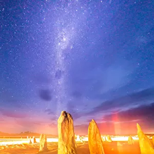 Stars and the night sky over The Pinnacles. Western Australia