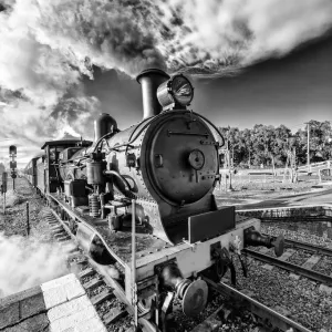 Steam train in black and white