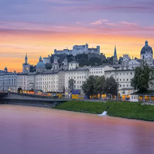Sunrise View of Salzach River and Skyline of the Historic Centre of Salzburg City, Austria
