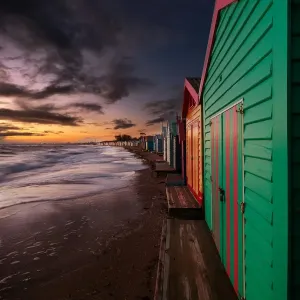 Brighton Beach Print: Sunset over Colourful Bathing Boxes