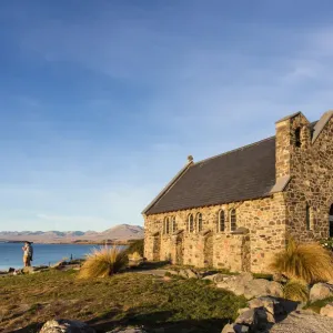 Sunset over the Church of the good Shepherd and Lake Takepo in New Zealand