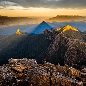 Sunset at the top of mt Anne in Southwest Tasmania. View to Lots Wife and Lighting Ridge