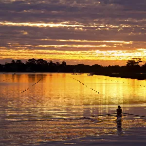 Sunset reflections with rower on Lake Wendouree Ballarat, Victoria, Australia
