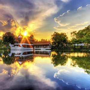 Sunset with the Traditional Style Stone Boat and Tea House in Singapore Chinese Garden, Singapore