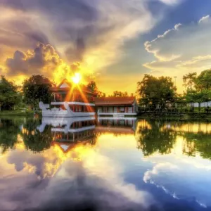 Sunset with the Traditional Style Stone Boat and Tea House in Singapore Chinese Garden, Singapore Sunset with the Traditional Style Stone Boat and Tea House in Singapore Chinese Garden, Singapore