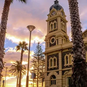 Sunset View of the Glenelg Town Hall at Moseley Square, Holdfast Bay in Gulf St Vincent, Adelaide, South Australia Sunset View of the Glenelg Town Hall at Moseley Square, Holdfast Bay in Gulf St Vincent, Adelaide, South Australia
