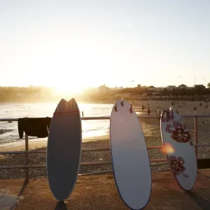 Surfboards leaning against railing Surfboards leaning against railing