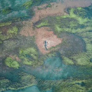 Surreal drone image showing a saltwater crocodile resting on a sandy island in the lower course of the Ord River, The Kimberley, Western Australia, Australia