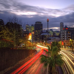 Sydney skyline and traffic light trails