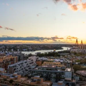 Sydney Sunset panoramic view of Anzac Bridge