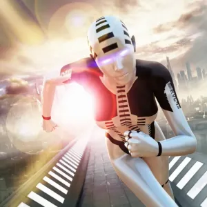 Futuristic Cityscape Print: Robot in Motion